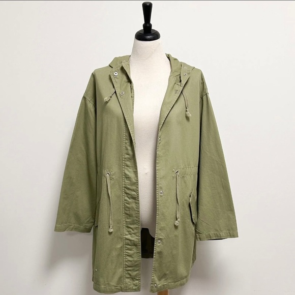 Asos Moss Army Green Snap Button Hooded Parka Waist Cinch Cords Oversized EUC 8 - Picture 4 of 11
